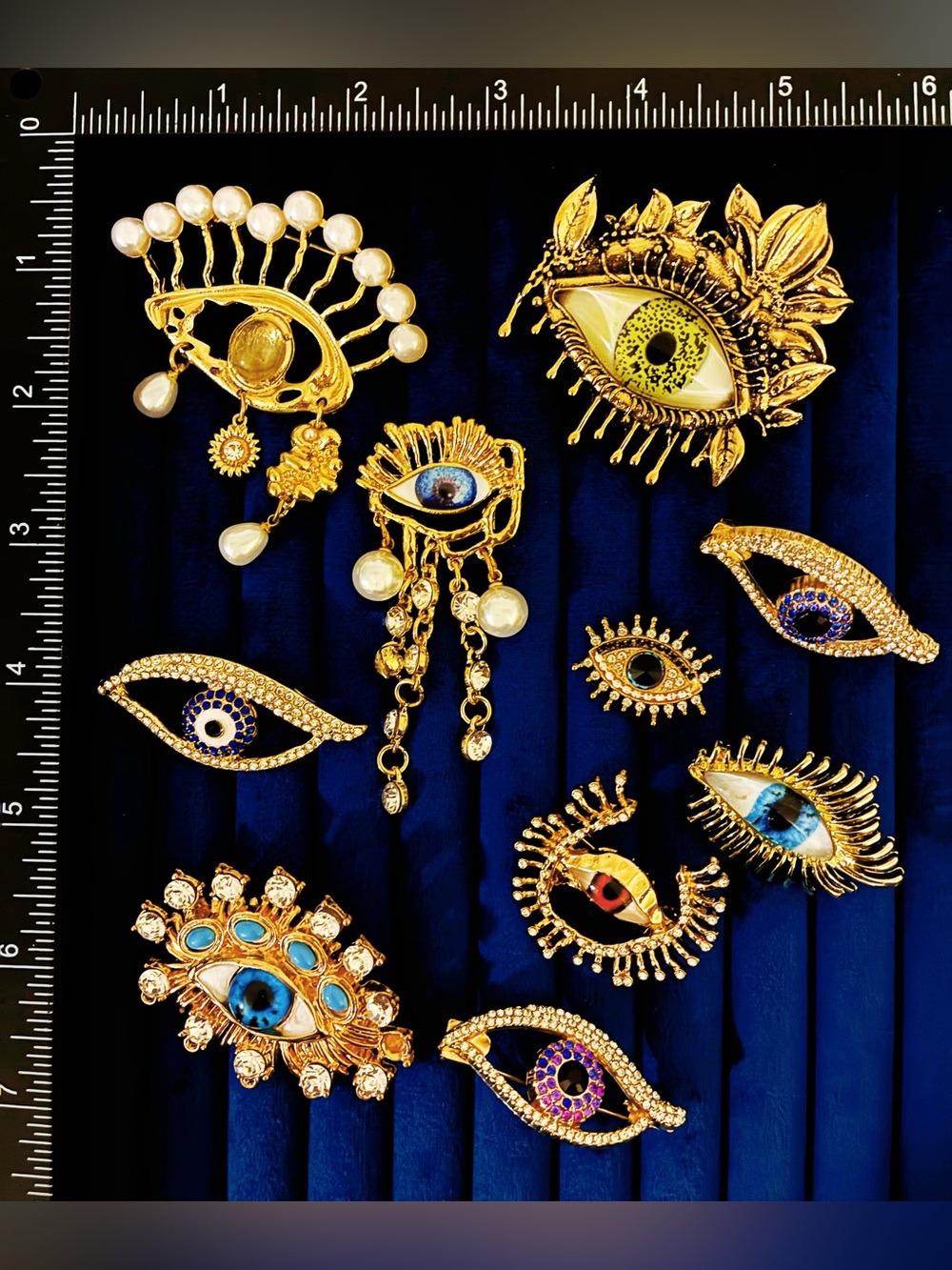 Lot of 10 Evil Eye Brooch Pins Gold Tone Rhinestone Enamel Jewelry